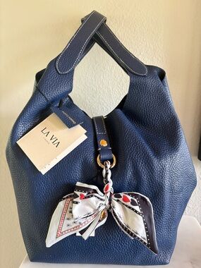 Women's Navy Leather Hobo Bag  La Via Firenze with Scarf Accent